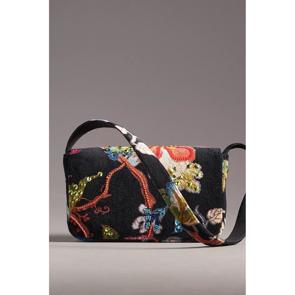 Anthropologie Fiona Shoulder Bag Black Velvet Floral Beaded Boho Maeve NEW